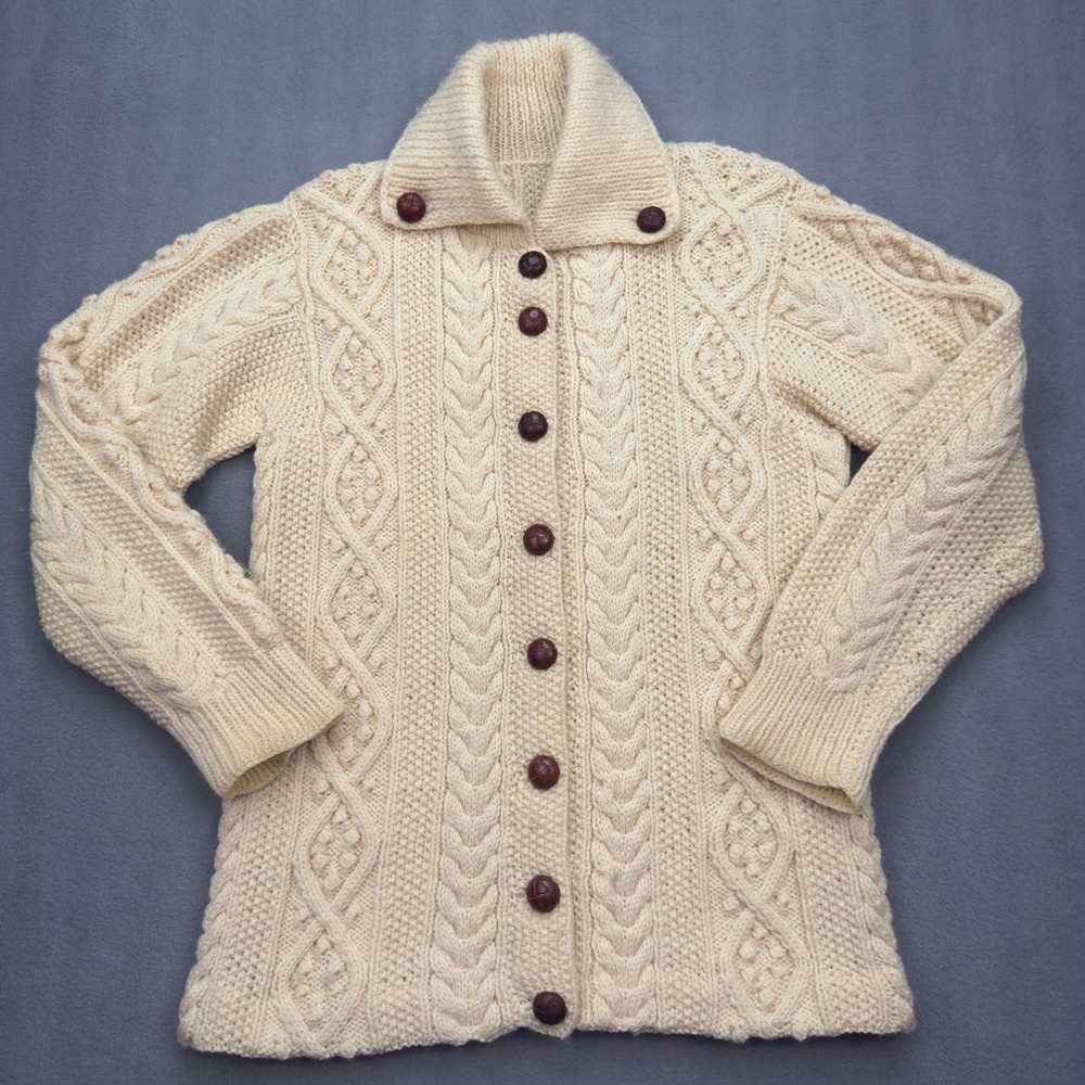 Unbranded Ivory Cable Knit Wool Cardigan Sweater Size Medium Ivory Fisherman